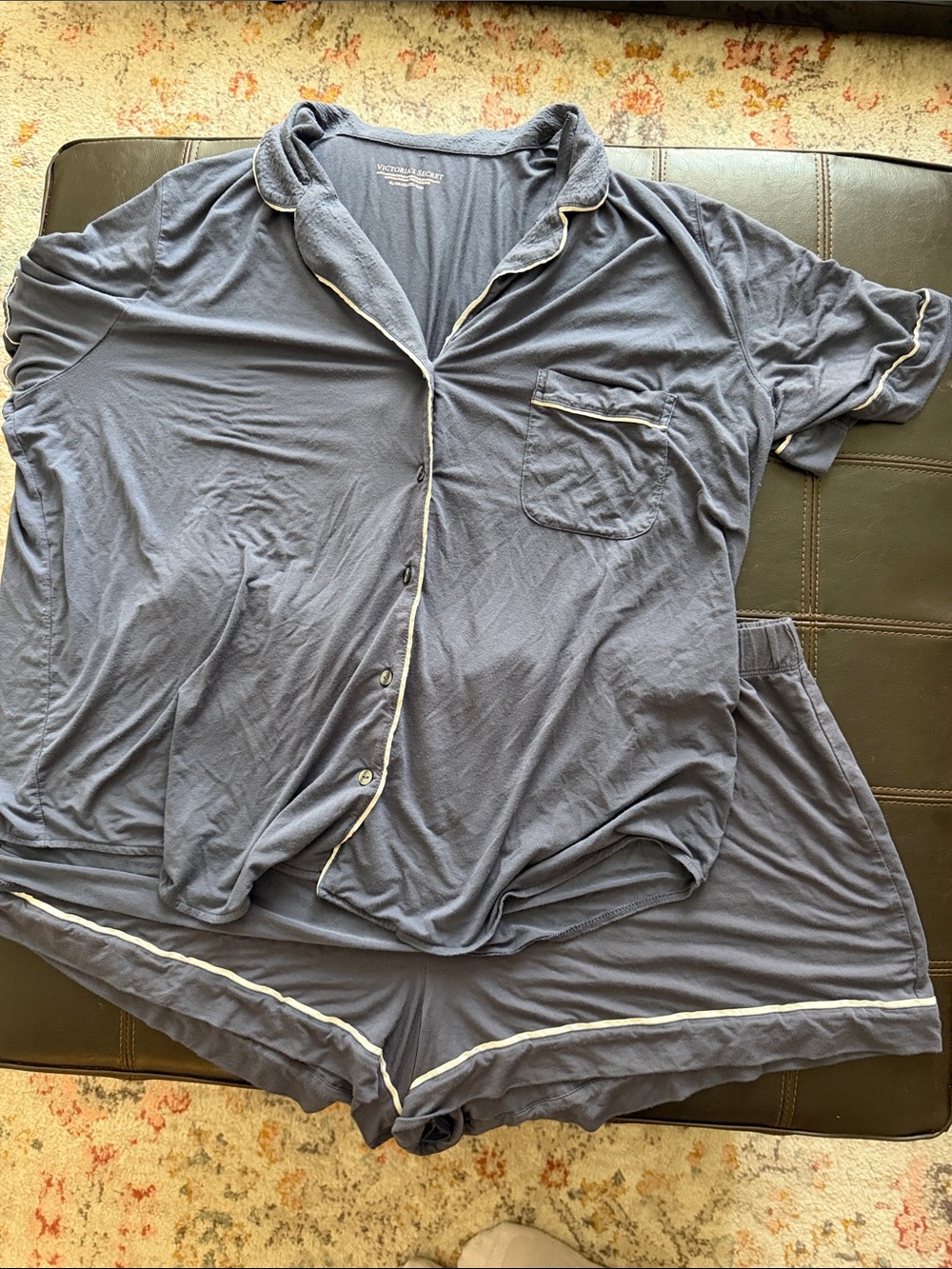 Victoria's Secret Navy Blue Short-Sleeve Pajama Set with White Piping